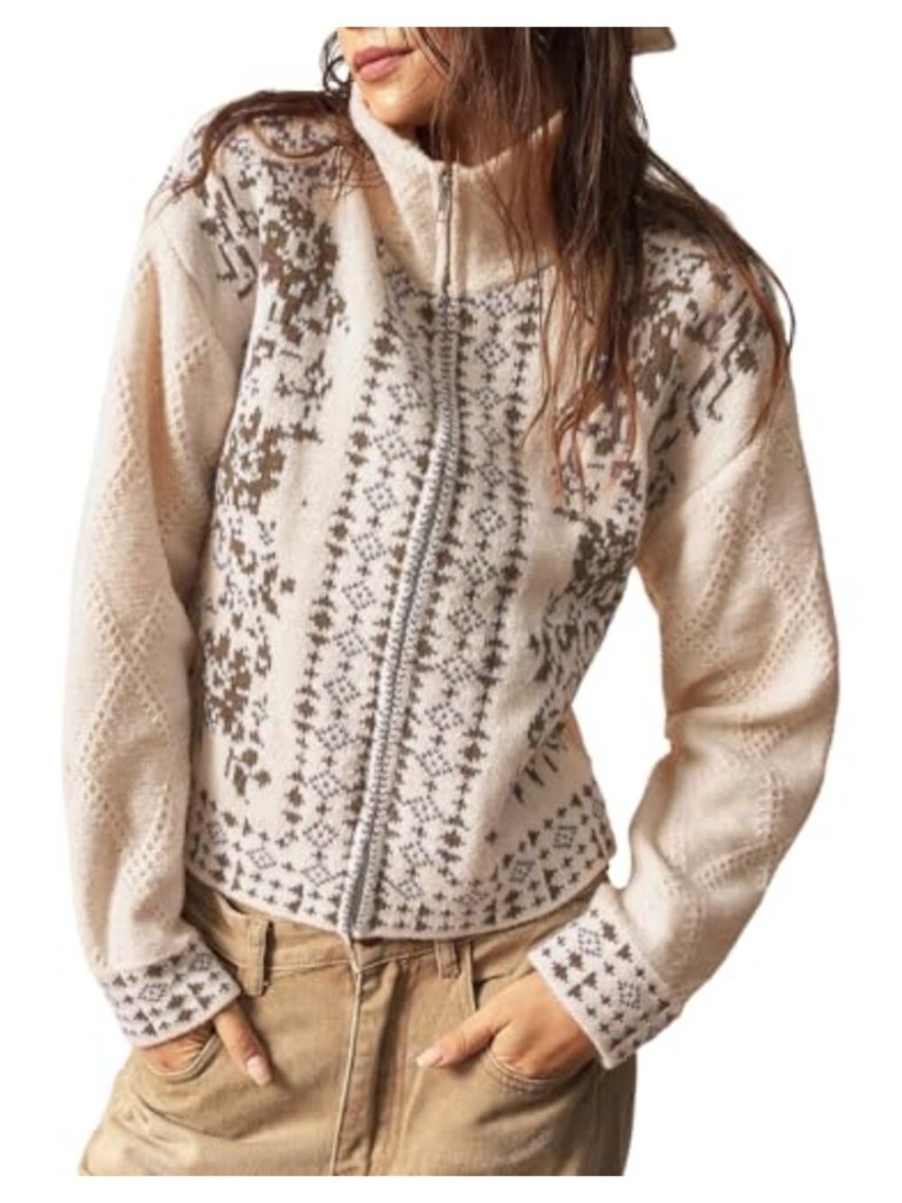 Women's Floral Embroidered Boho Cardigan Sweater Zip Up Jacket